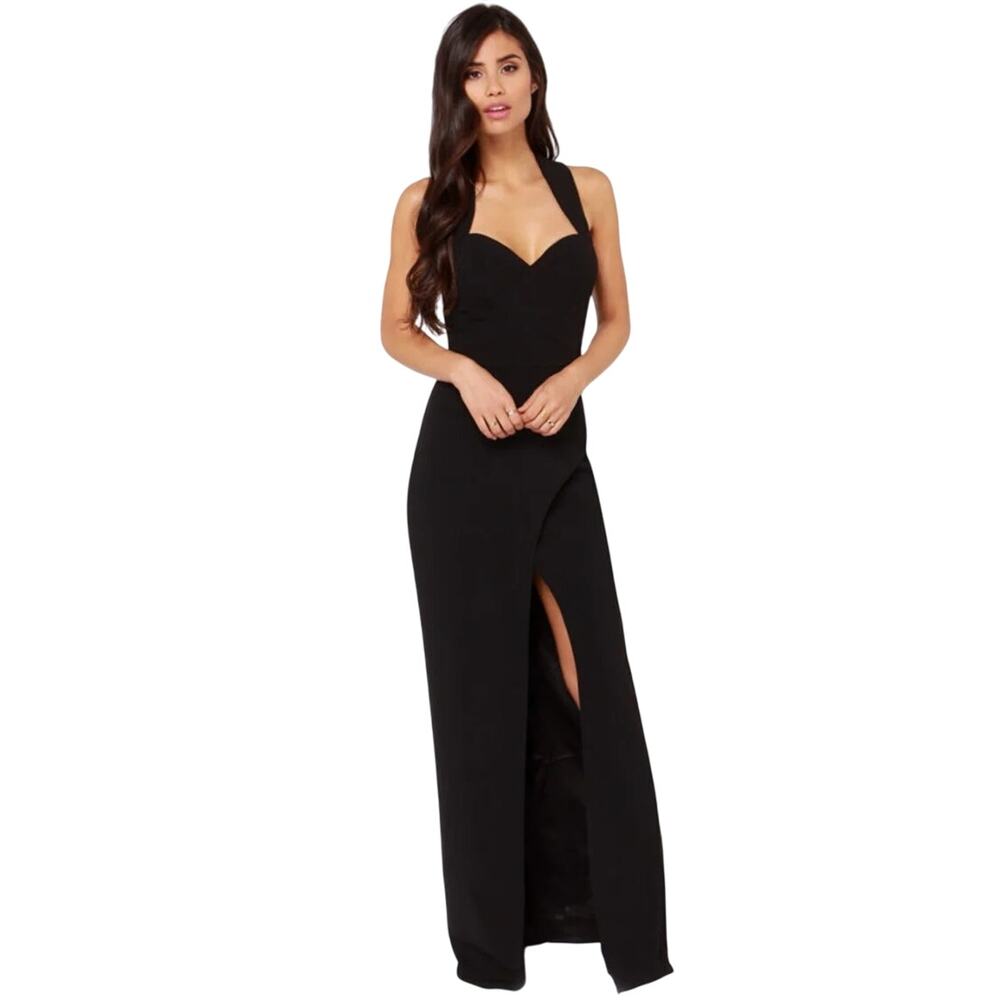Bariano Black Maxi Cocktail Prom Dress Size S Black High Slit Sweatheart Neck